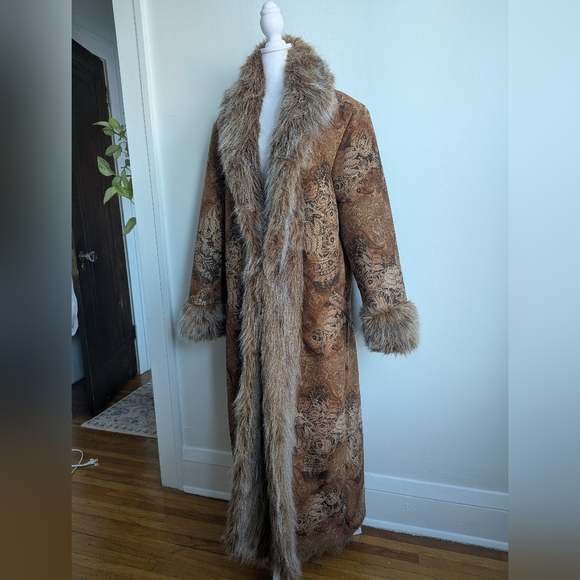 90s Does 70s VTG Penny Lane Trench Coat Afghan Paisley Print Faux Fur Trim 18 - Picture 14 of 16